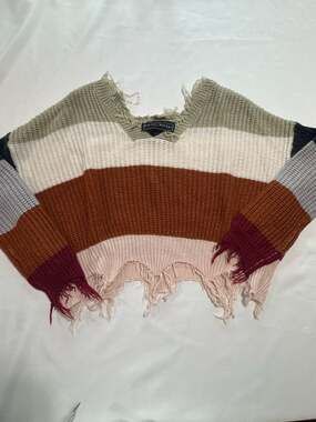 Distressed Striped Cropped Sweater Grunge Boho Chunky Knit Top
